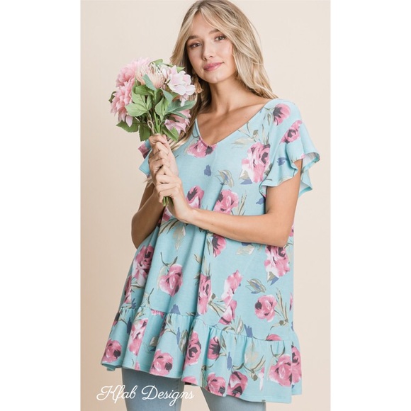 LAST 1! V Neck French Terry Ruffle Floral Top - Picture 4 of 8